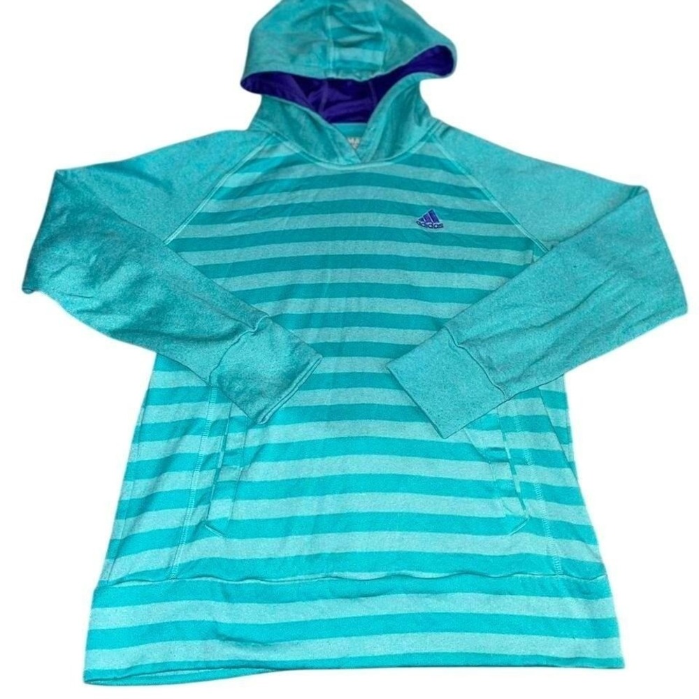 Adidas Ultimate Hoodie Womens Medium Teal Aqua Striped Climawarm Pullover Purple